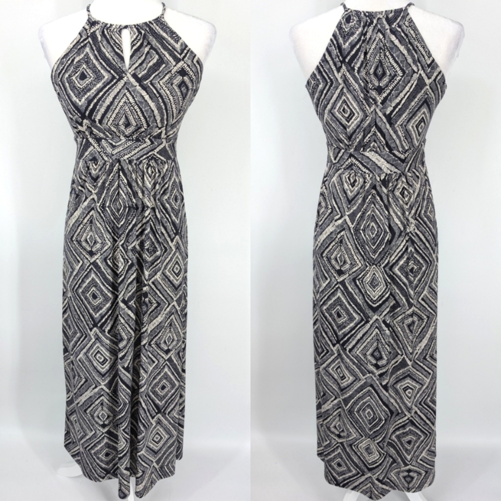 Ann Taylor LOFT Black White Geometric Sleeveless Halter Maxi Dress XS Petite NWT